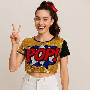 Cartoon Graphic "POP!" Sequined Crop Top size XS